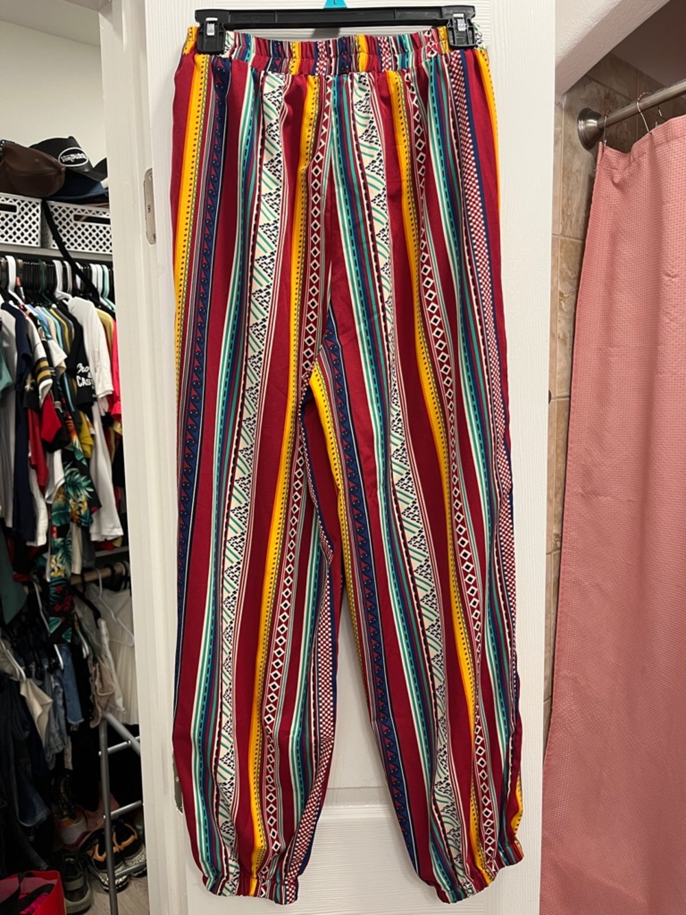 SHEIN Multicolor Striped Boho Jogger Pants - Red, Yellow, Teal - Picture 2 of 2